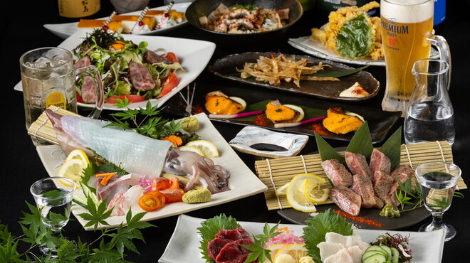 Interior of a traditional Japanese izakaya in Fukuoka, showcasing local dishes and drinks