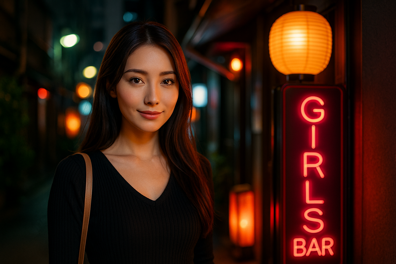Young Japanese woman in a nightlife street, representing Japanese girls bar Douhan culture.