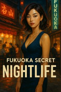 oreign tourist enjoying Fukuoka’s Nakasu nightlife with smiling Japanese hostesses under neon lights