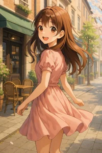 A smiling anime-style girl in a pink dress twirling on a cherry blossom-lined street in Fukuoka, teasing a skirt-flip moment