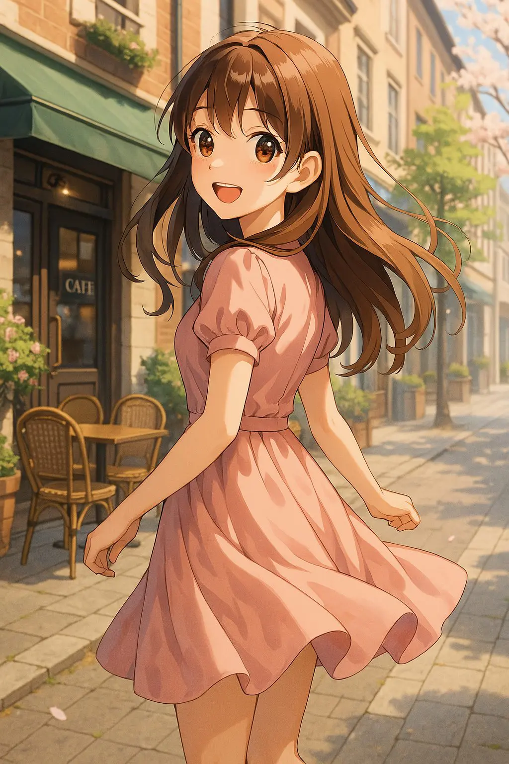 A smiling anime-style girl in a pink dress twirling on a cherry blossom-lined street in Fukuoka, teasing a skirt-flip moment