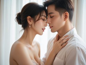 Close-up of a Japanese couple about to kiss in a softly lit room — hero image for our husband-approved NTR (netorare) guide.