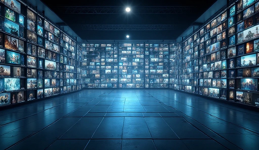 Blue-lit walls filled with hundreds of video thumbnails, illustrating XCREAM’s large catalog of legal Japanese R18 fetish titles for overseas viewers.