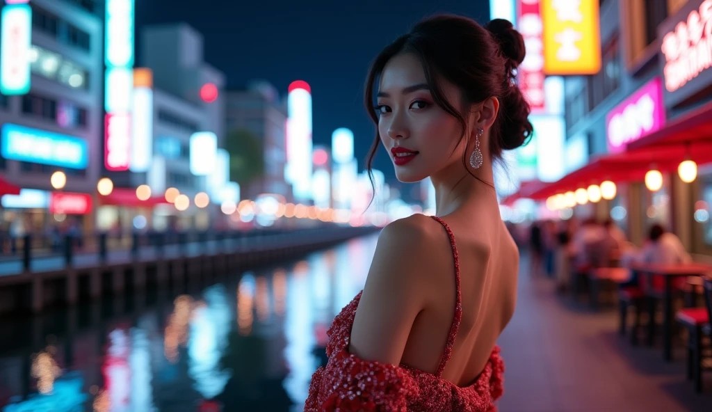 A classy woman by the Nakasu riverside at night in Fukuoka, representing a safe and elegant Ti Amo soapland guide for foreign visitors.