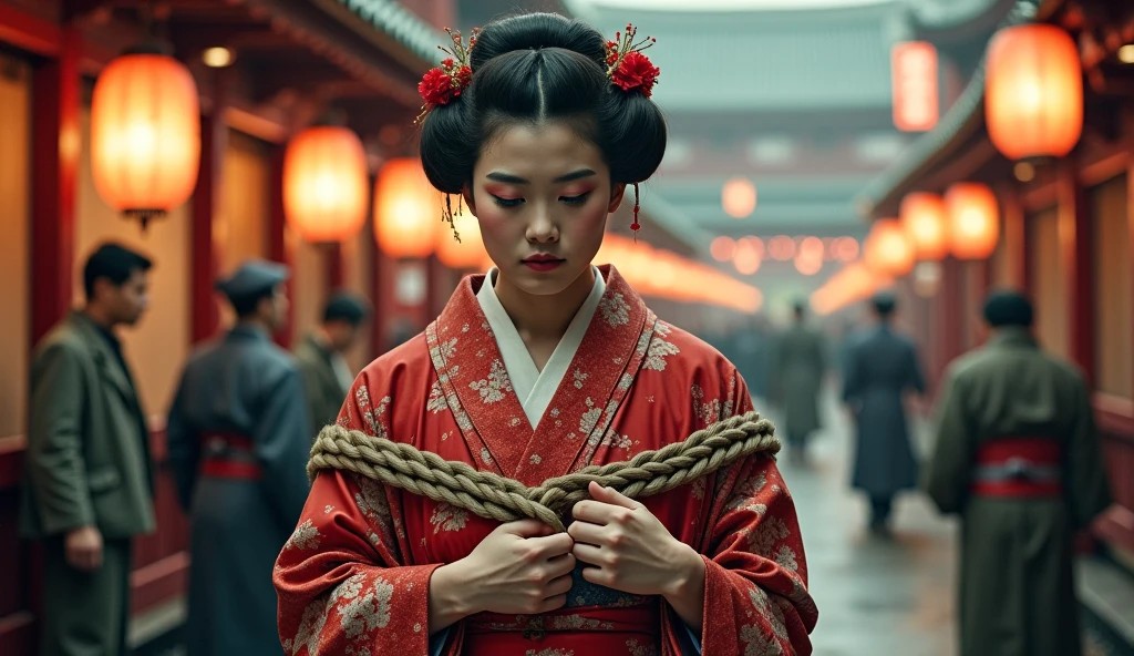 Heading image explaining the roots of Kinbaku/Shibari and its forbidden aesthetics, using a historical-style scene: an Edo streetscape with lanterns in the background and a woman in kimono restrained with Hojōjutsu (honawa)