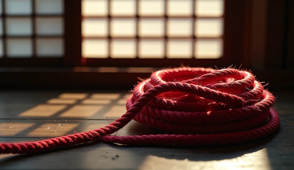Heading image explaining the difference between restraint play (the goal is immobility) and Kinbaku play (the goal is rope structure and direction), shown as a close-up of red rope placed on the floor of a Japanese room